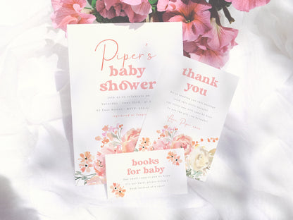 Retro Watercolor Floral Girl Baby Shower Invitation Bundle