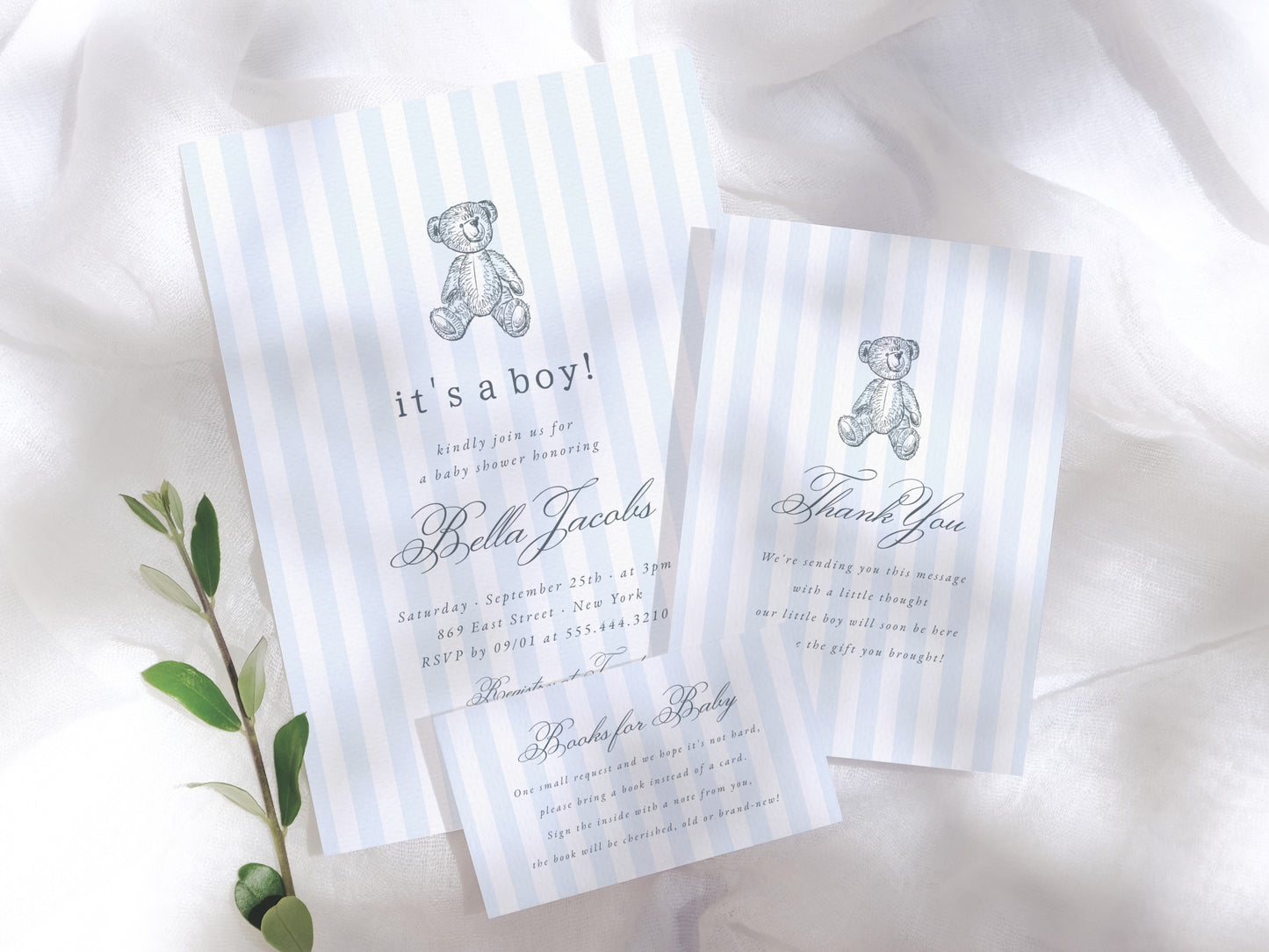 Preppy Vintage Teddy Bear Boy Baby Shower Invitation Bundle