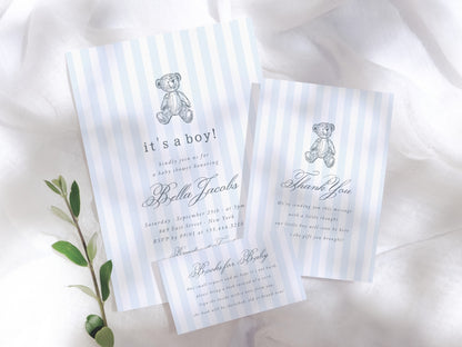 Preppy Vintage Teddy Bear Boy Baby Shower Invitation Bundle