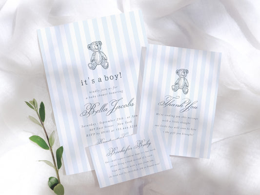 Preppy Vintage Teddy Bear Boy Baby Shower Invitation Bundle