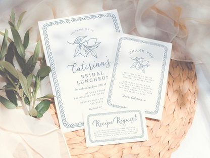 Whimsical Italian Lemon Illustration Bridal Shower Invitation Bundle