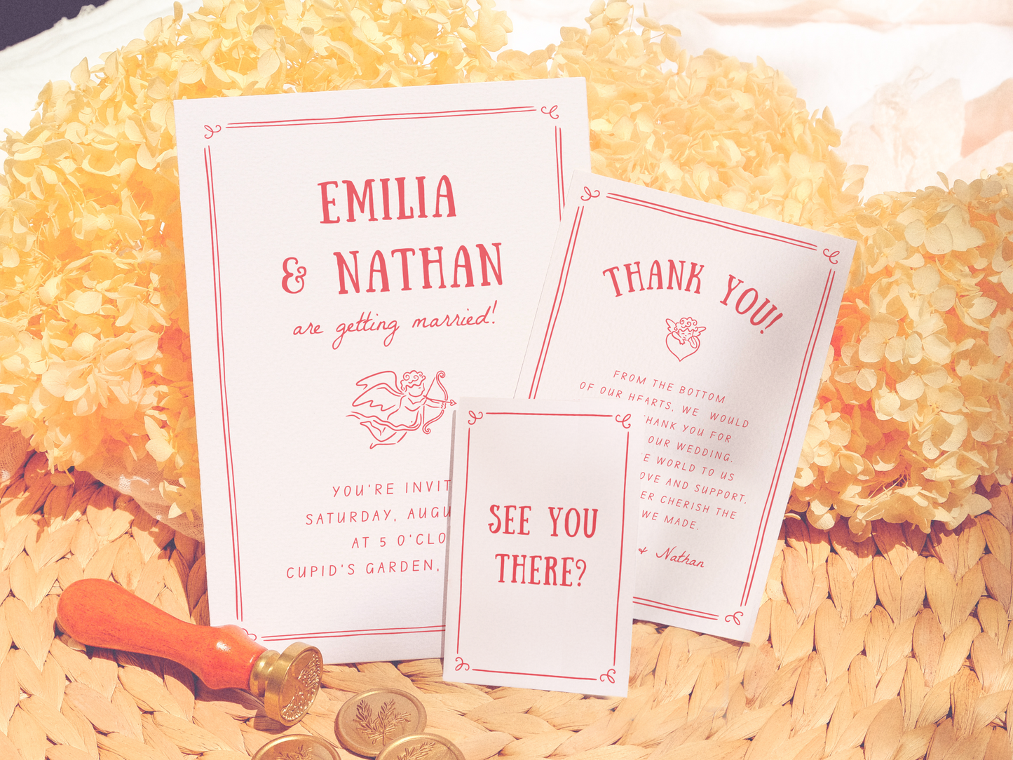 Retro Love Struck Hand Drawn Cupid Photo Wedding Invitation Suite