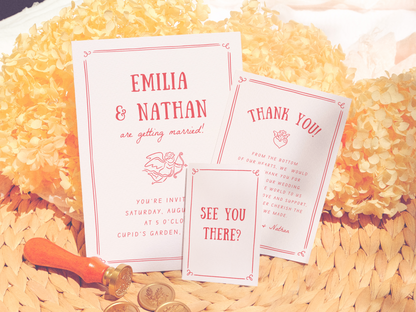 Retro Love Struck Hand Drawn Cupid Photo Wedding Invitation Suite