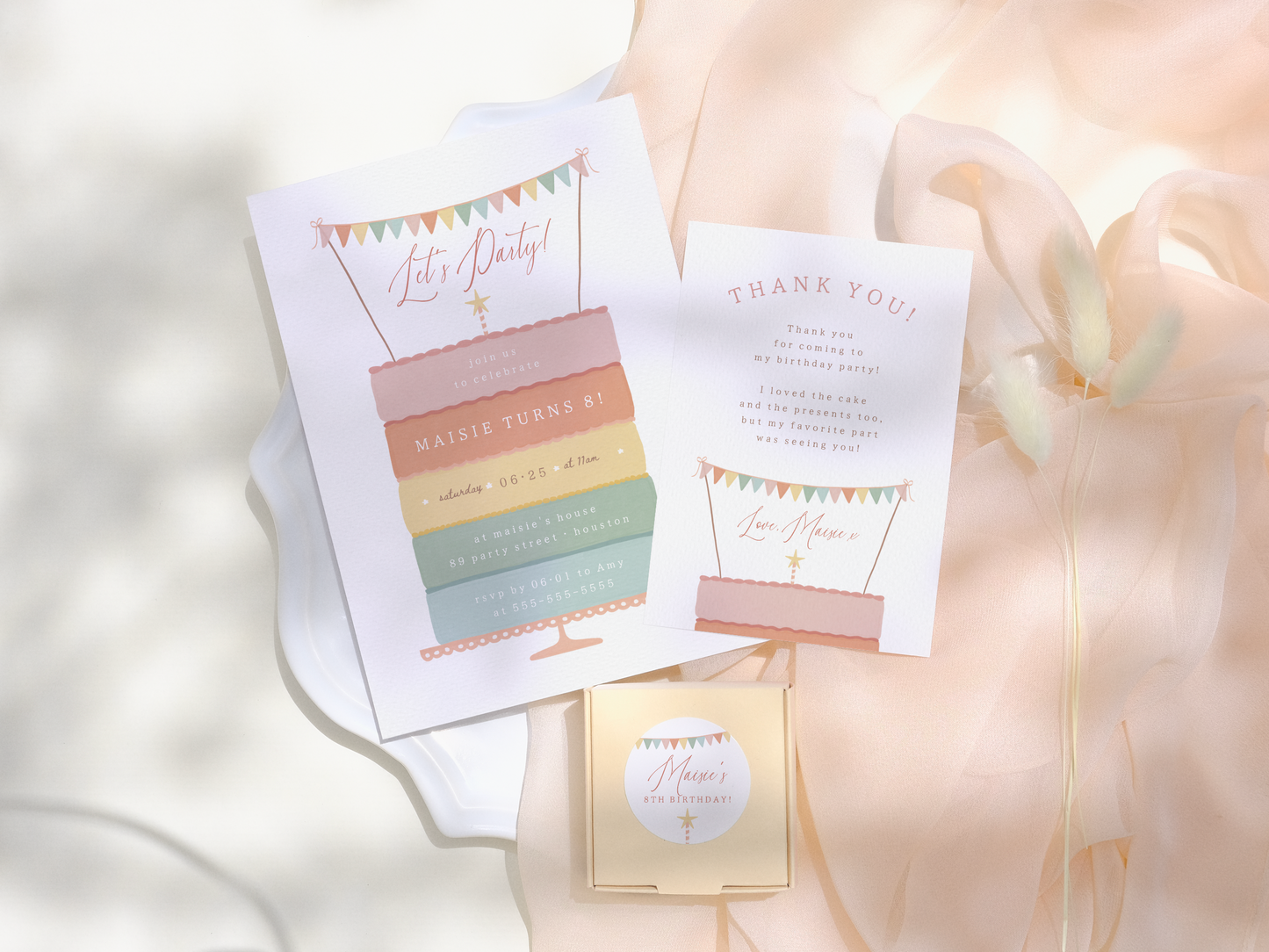 Rainbow Layer Cake Girl Birthday Party Invitation Bundle