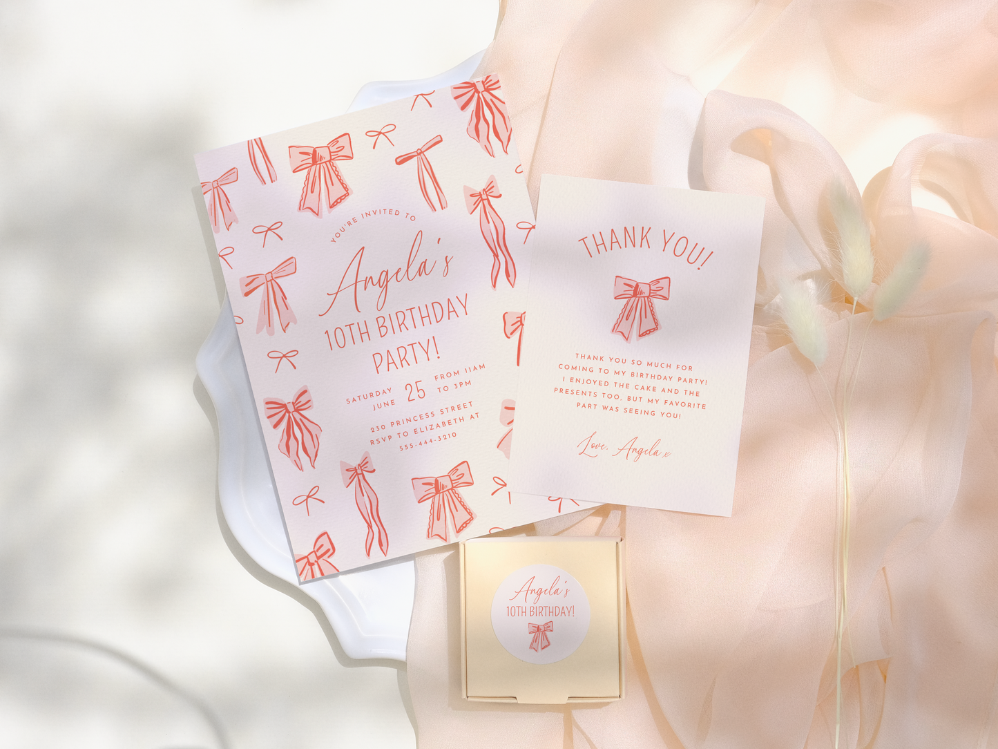 Whimsical Pink Bows Girl Birthday Party Invitation Bundle