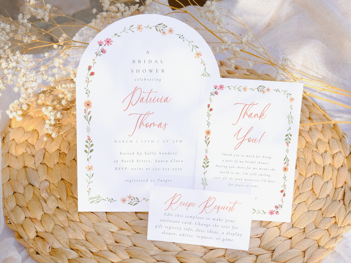 Delicate Boho Wildflower Arch Bridal Shower Invitation Bundle