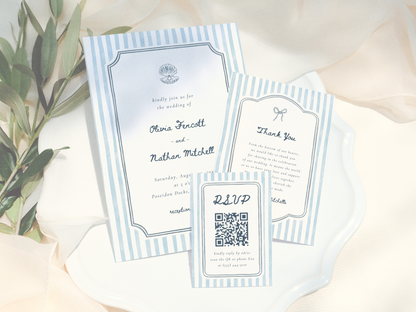 Whimsical Retro Blue Stripes Coastal Wedding Invitation Suite