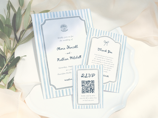 Whimsical Retro Blue Stripes Coastal Wedding Invitation Suite