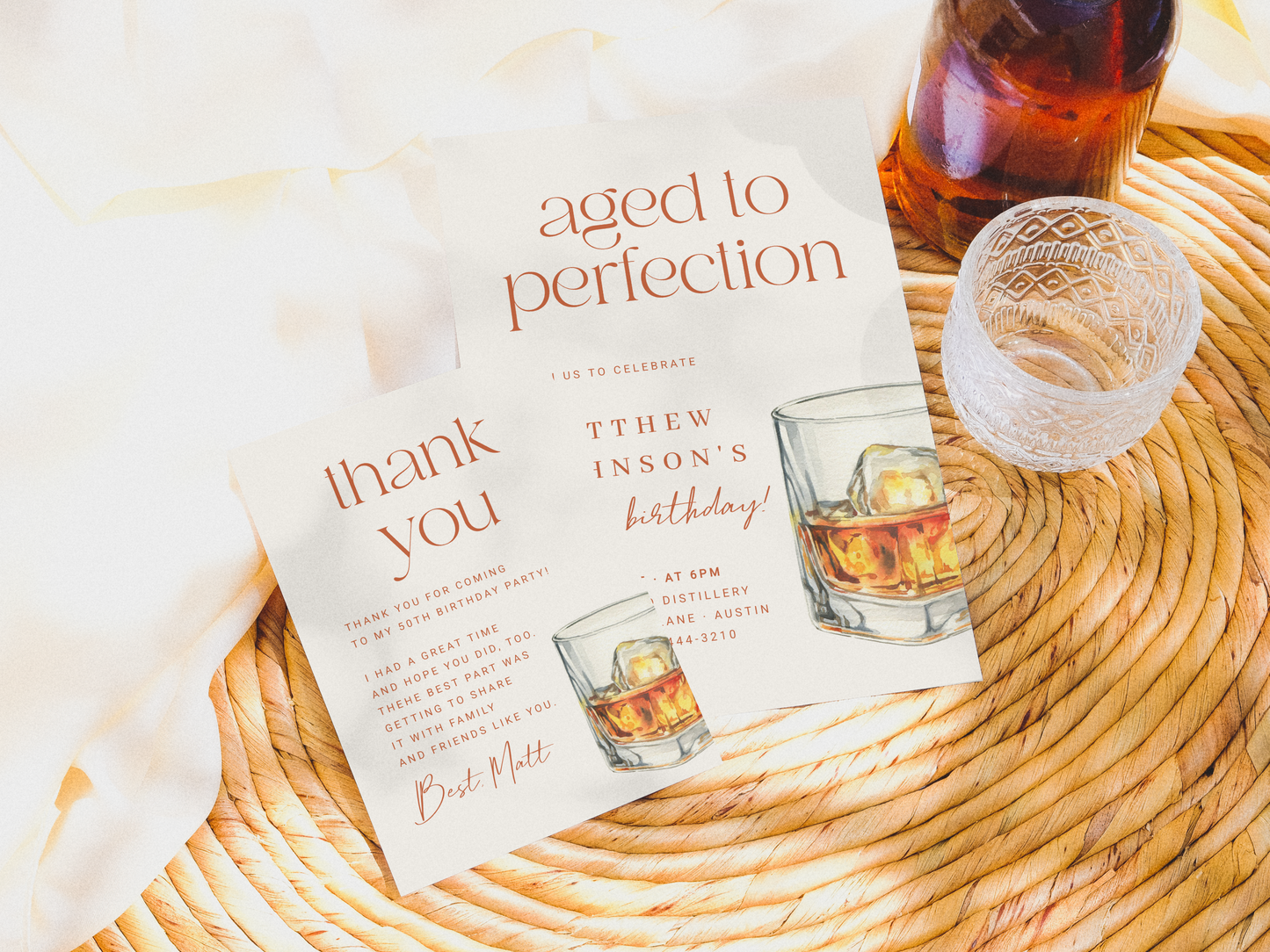 Aged to Perfection Adult Whiskey Birthday Party Invitation Bundle