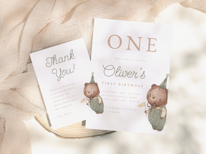 Teddy Bear 1st Birthday Party Invitation Bundle