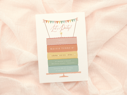 Rainbow Layer Cake Girl Birthday Party Invitation Bundle