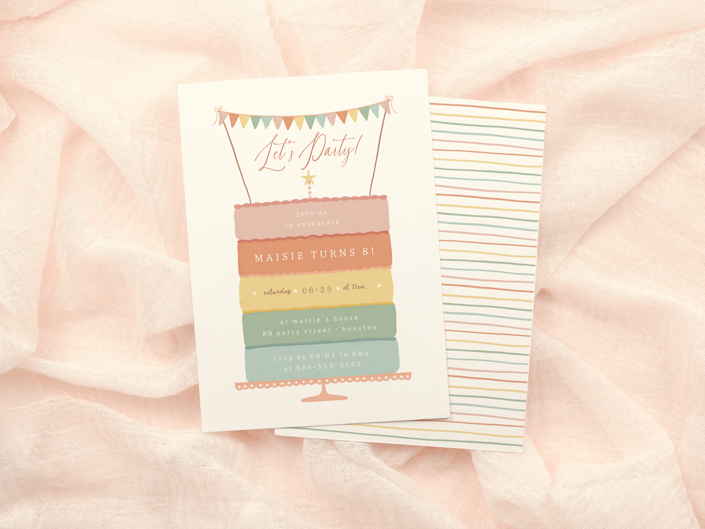 Rainbow Layer Cake Girl Birthday Party Invitation Bundle
