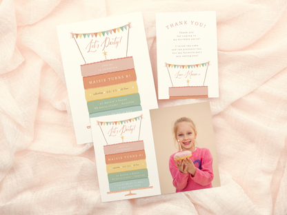 Rainbow Layer Cake Girl Birthday Party Invitation Bundle