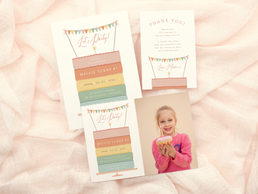 Rainbow Layer Cake Girl Birthday Party Invitation Bundle