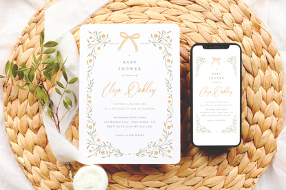 Wildflower & Yellow Bow Baby Shower Invitation Bundle