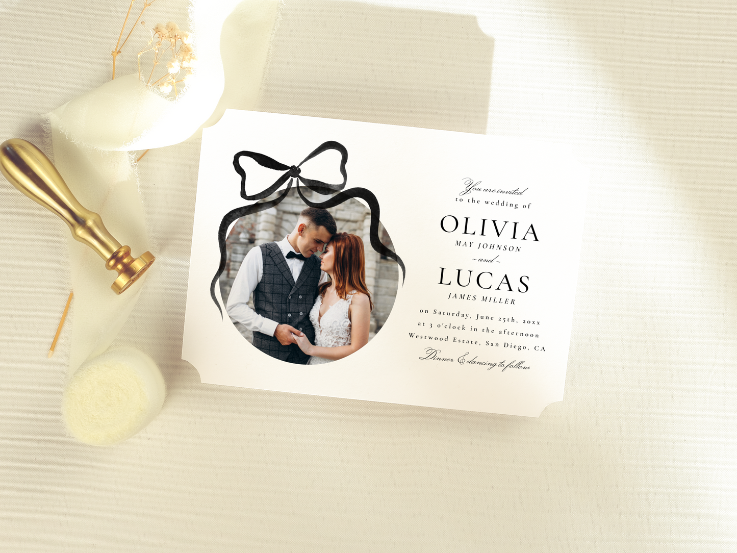 Elegant Bow All-In-One Black Wedding Invitation Suite