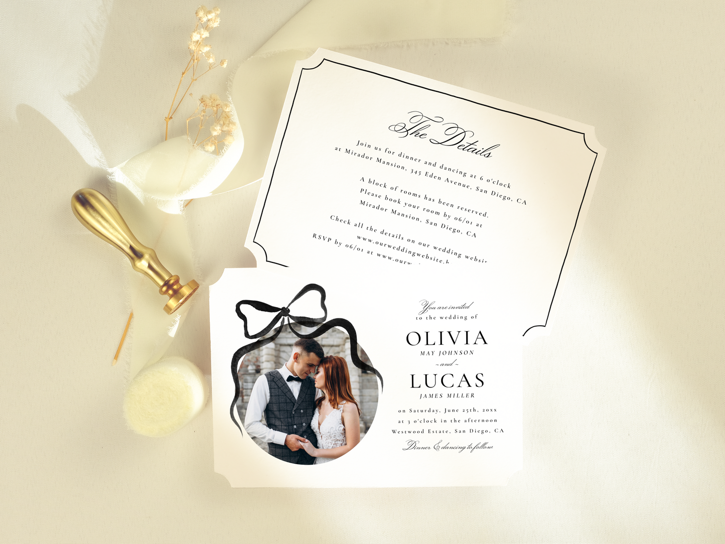 Elegant Bow All-In-One Black Wedding Invitation Suite
