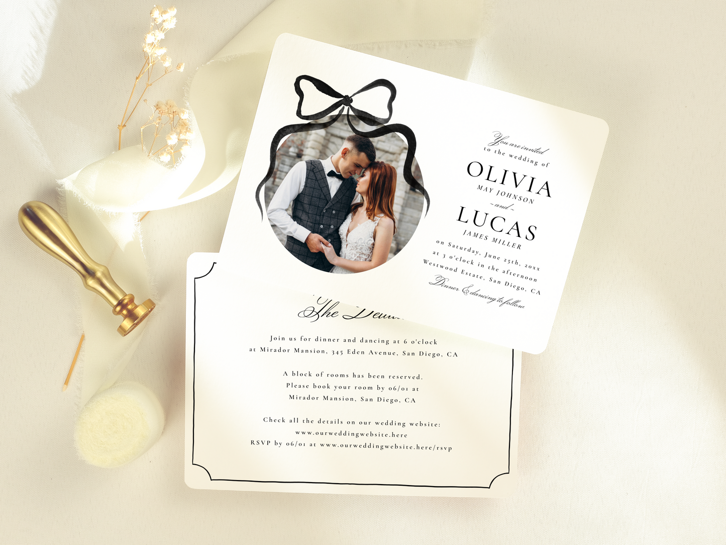 Elegant Bow All-In-One Black Wedding Invitation Suite