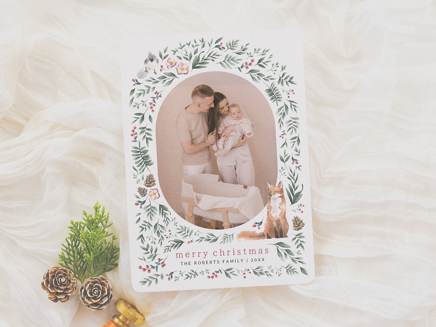 Watercolor Greenery Woodland Arch Christmas Photo Card