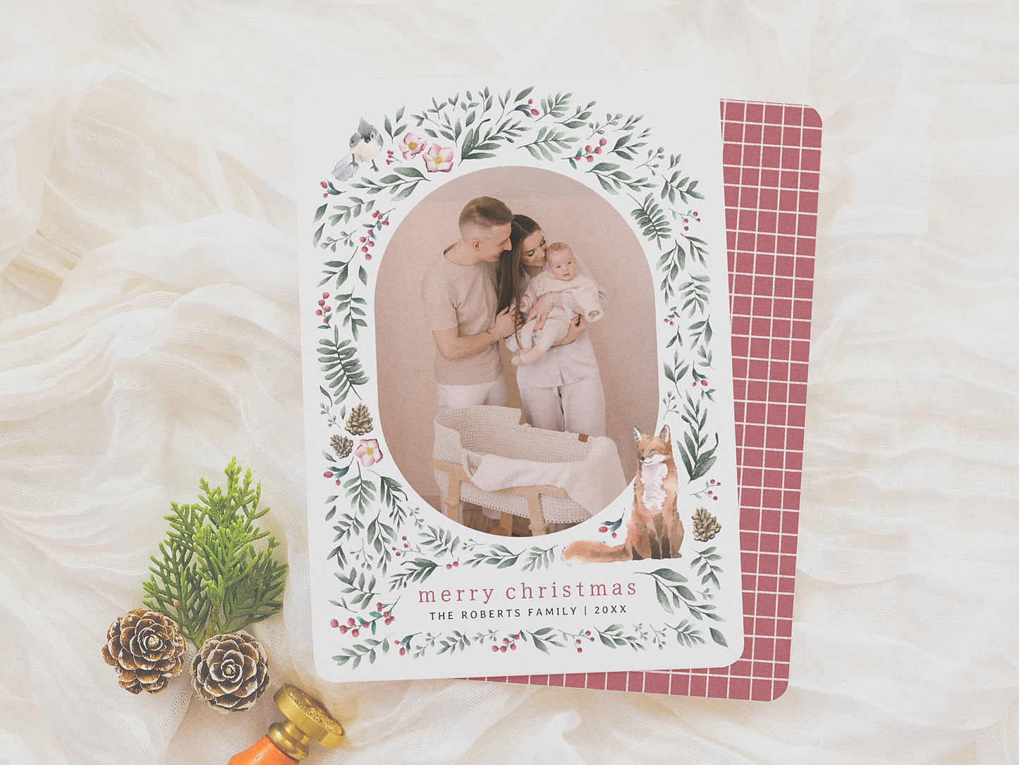 Watercolor Greenery Woodland Arch Christmas Photo Card