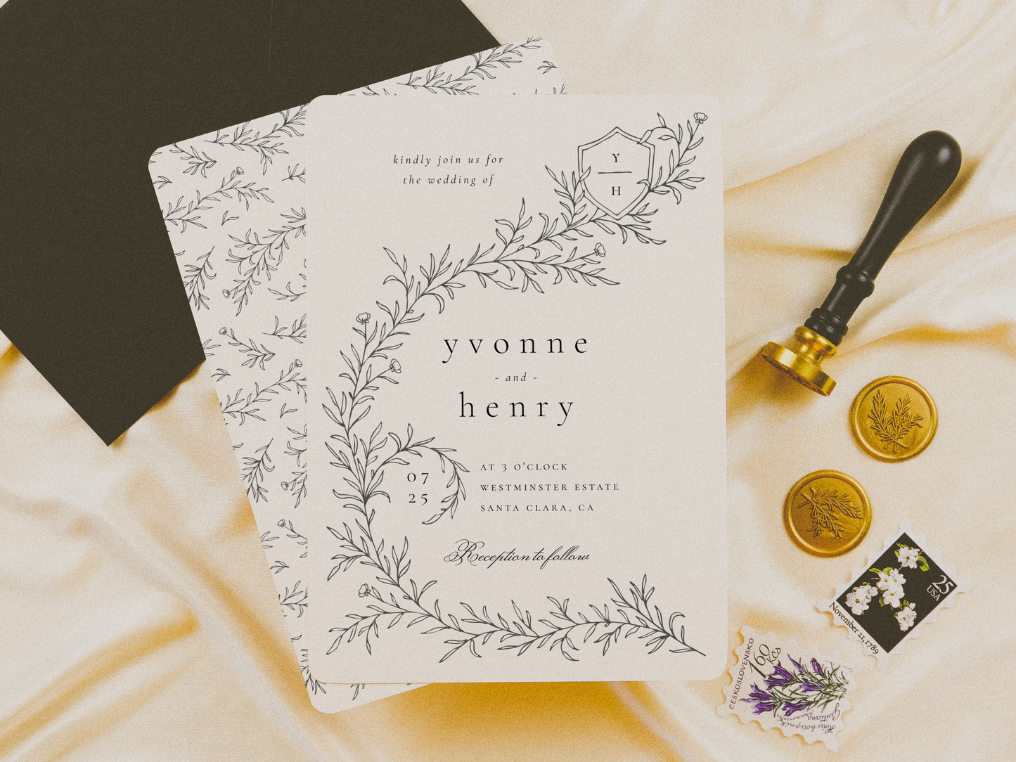 Illustrated Wedding Crest Botanical Wedding Invitation Suite