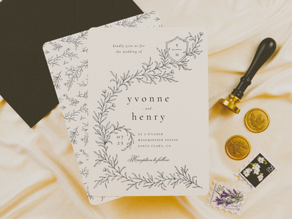 Illustrated Wedding Crest Botanical Wedding Invitation Suite