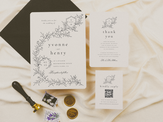 Illustrated Wedding Crest Botanical Wedding Invitation Suite