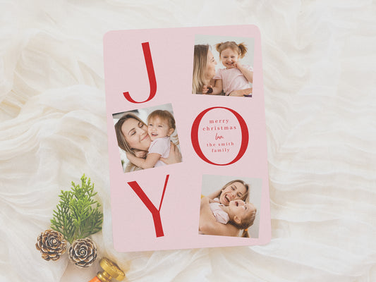Joy Editable Colors Modern 4 Photo Christmas Holiday Card