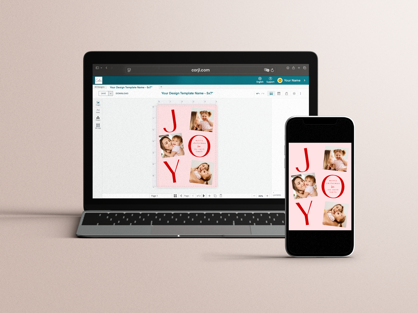 Joy Editable Colors Modern 4 Photo Christmas Holiday Card