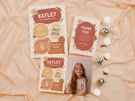 Groovy Daisy Retro Girl Birthday Party Invitation Bundle