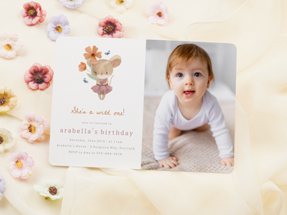 Little Mouse Wild One Wildflower First Birthday Party Invitation Bundle