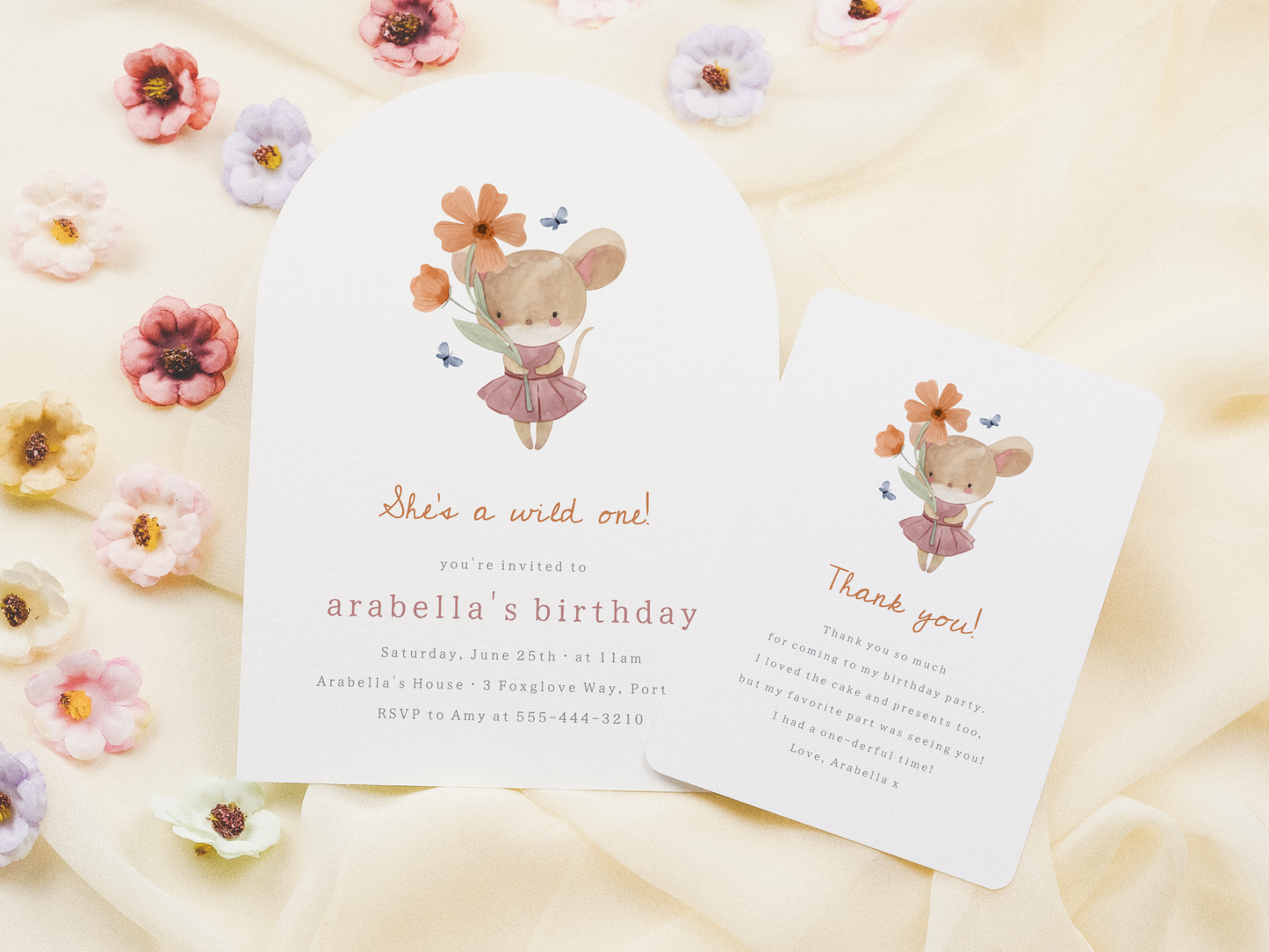 Little Mouse Wild One Wildflower First Birthday Party Invitation Bundle
