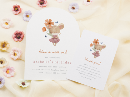Little Mouse Wild One Wildflower First Birthday Party Invitation Bundle