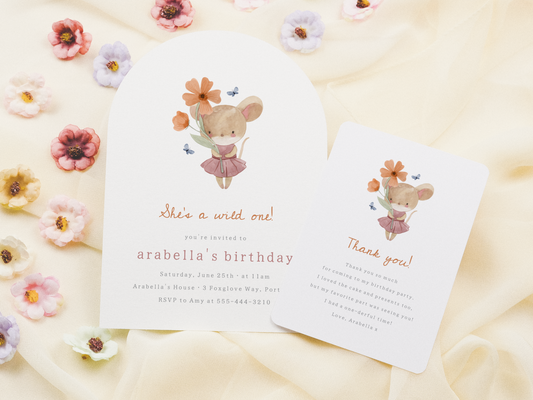 Little Mouse Wild One Wildflower First Birthday Party Invitation Bundle