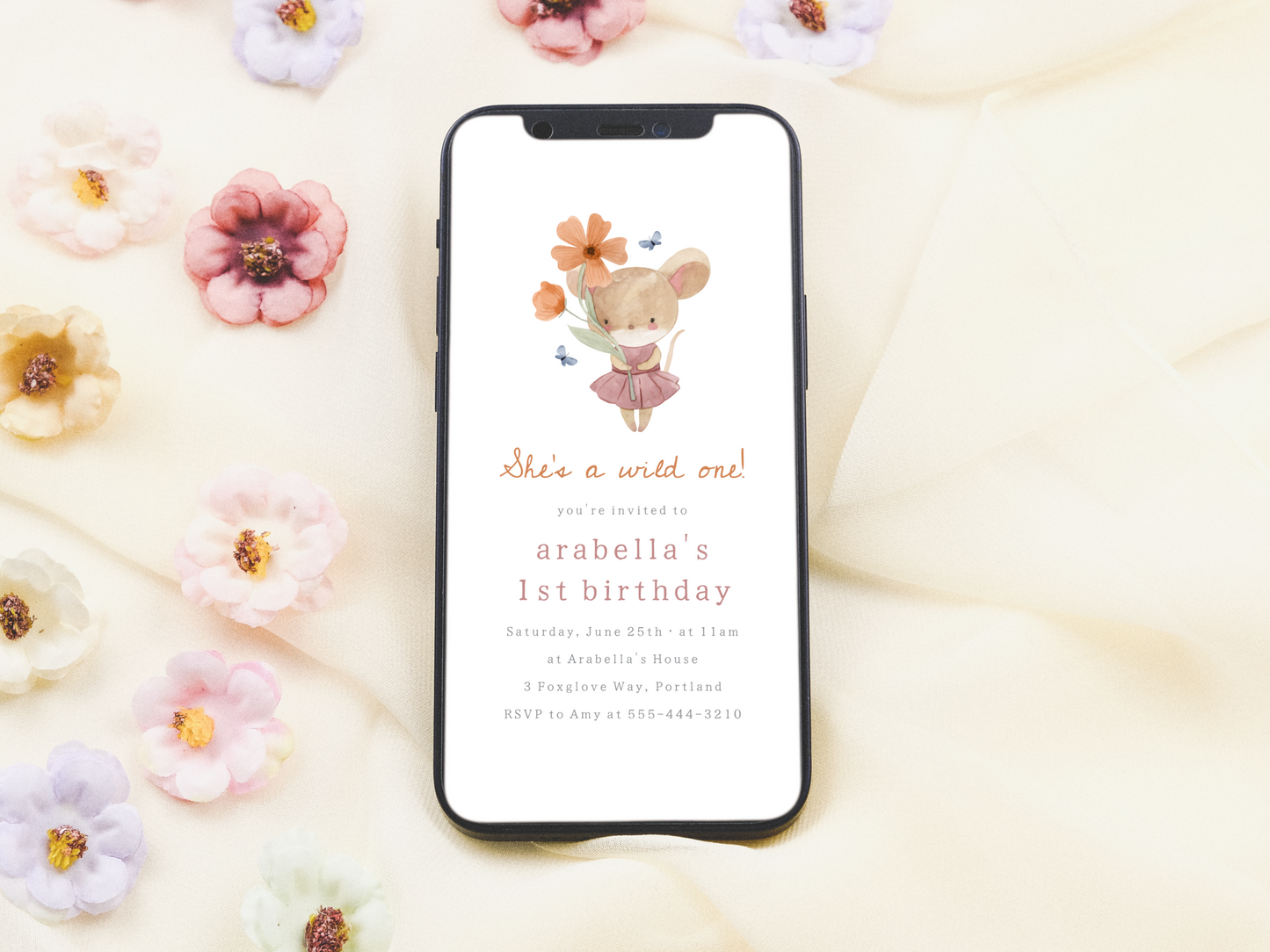 Little Mouse Wild One Wildflower First Birthday Party Invitation Bundle