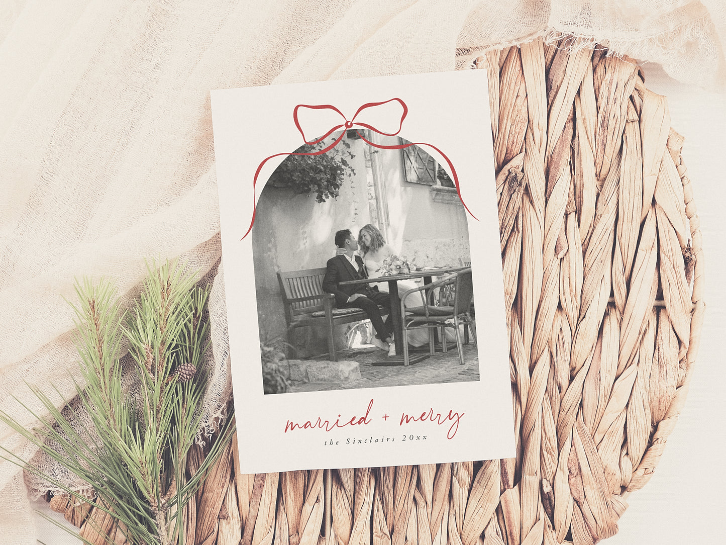 Married & Merry Elegant Bow Arch Photo Christmas Holiday Card
