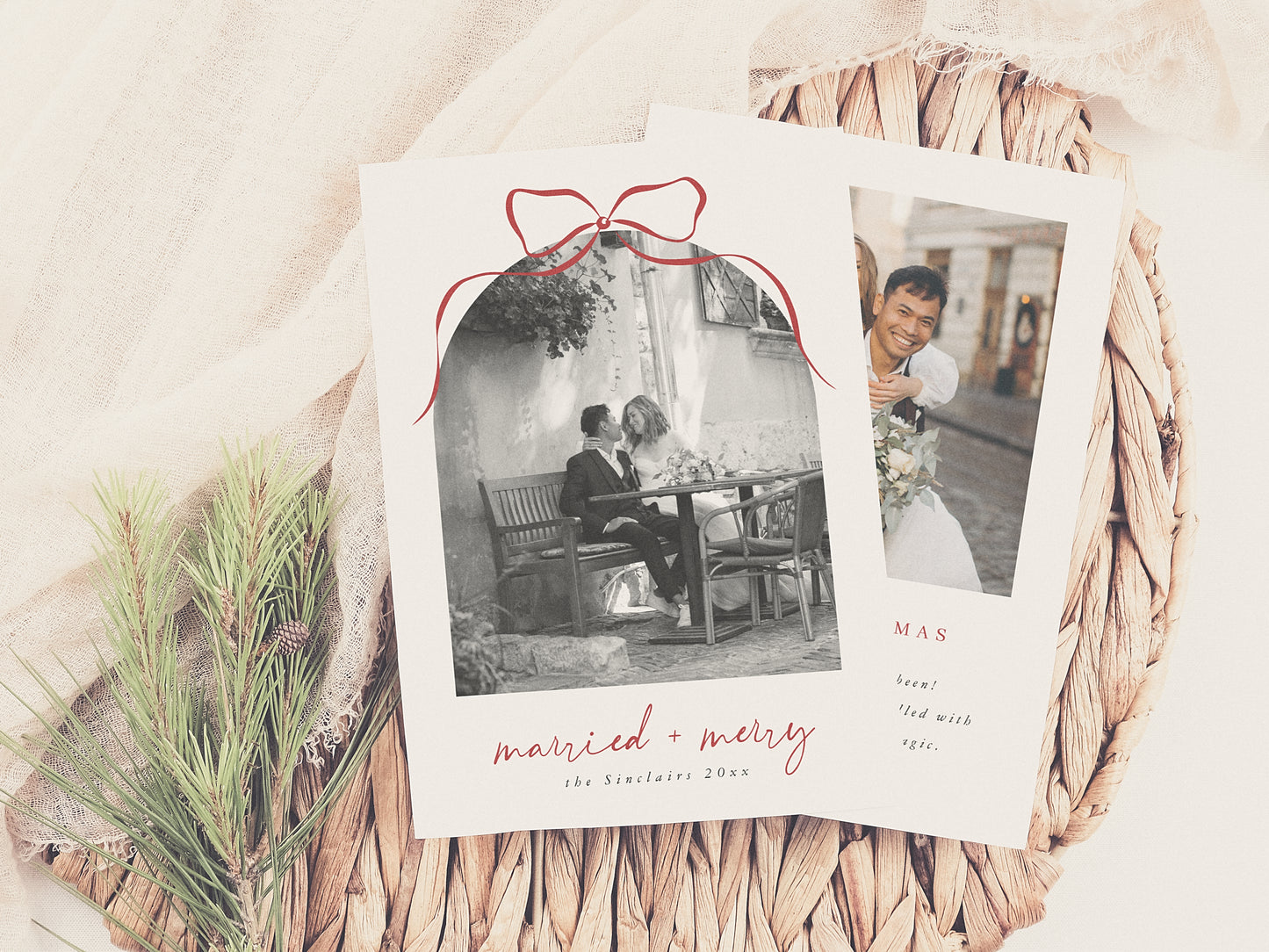 Married & Merry Elegant Bow Arch Photo Christmas Holiday Card