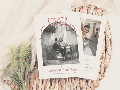 Married & Merry Elegant Bow Arch Photo Christmas Holiday Card