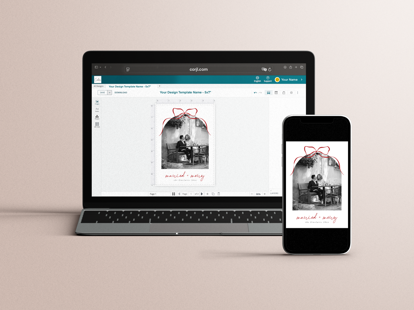 Married & Merry Elegant Bow Arch Photo Christmas Holiday Card