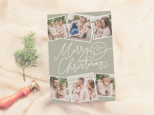 Sage Green Calligraphy Christmas Holiday Photo Card