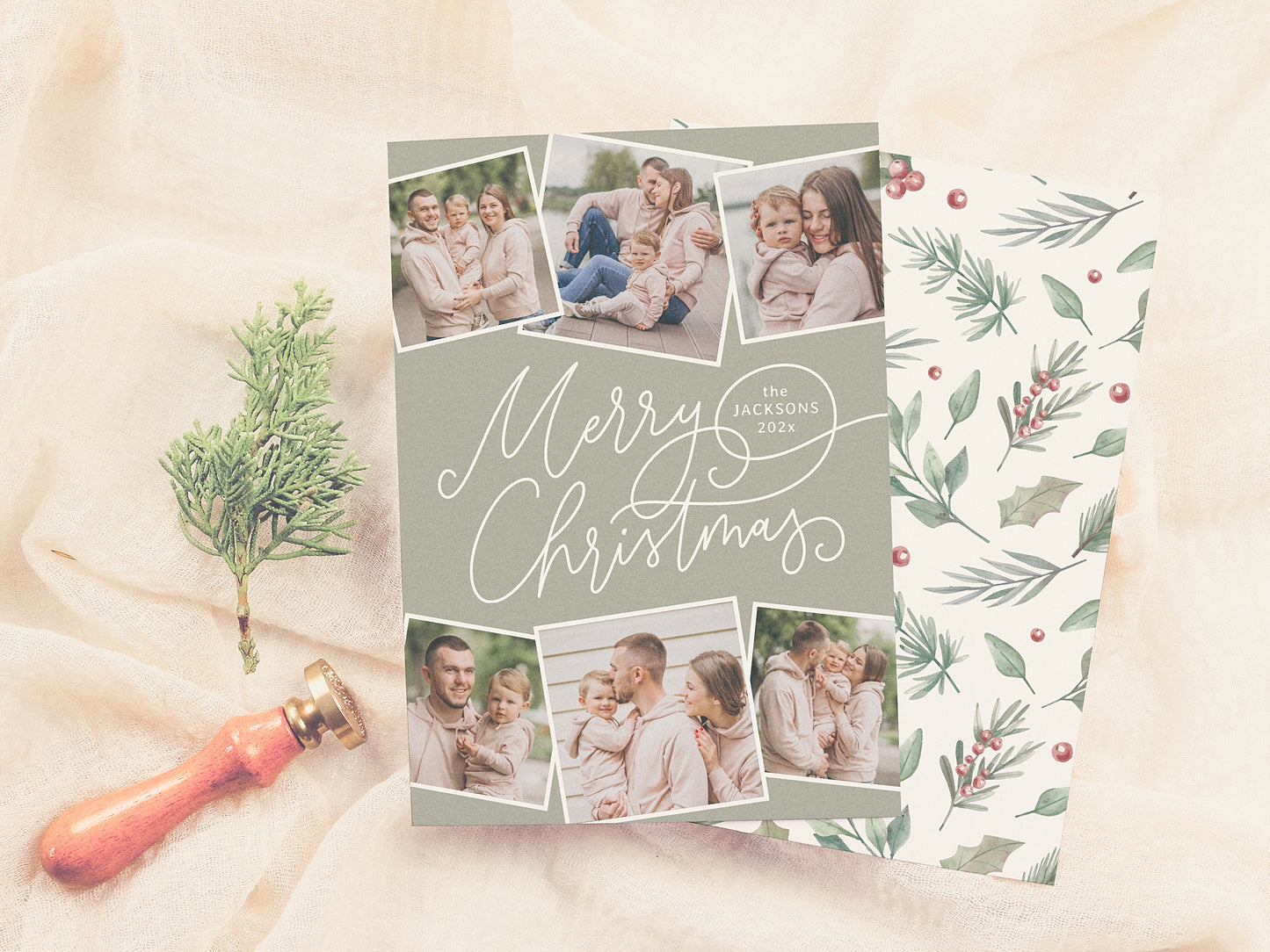 Sage Green Calligraphy Christmas Holiday Photo Card