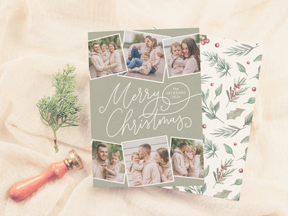 Sage Green Calligraphy Christmas Holiday Photo Card
