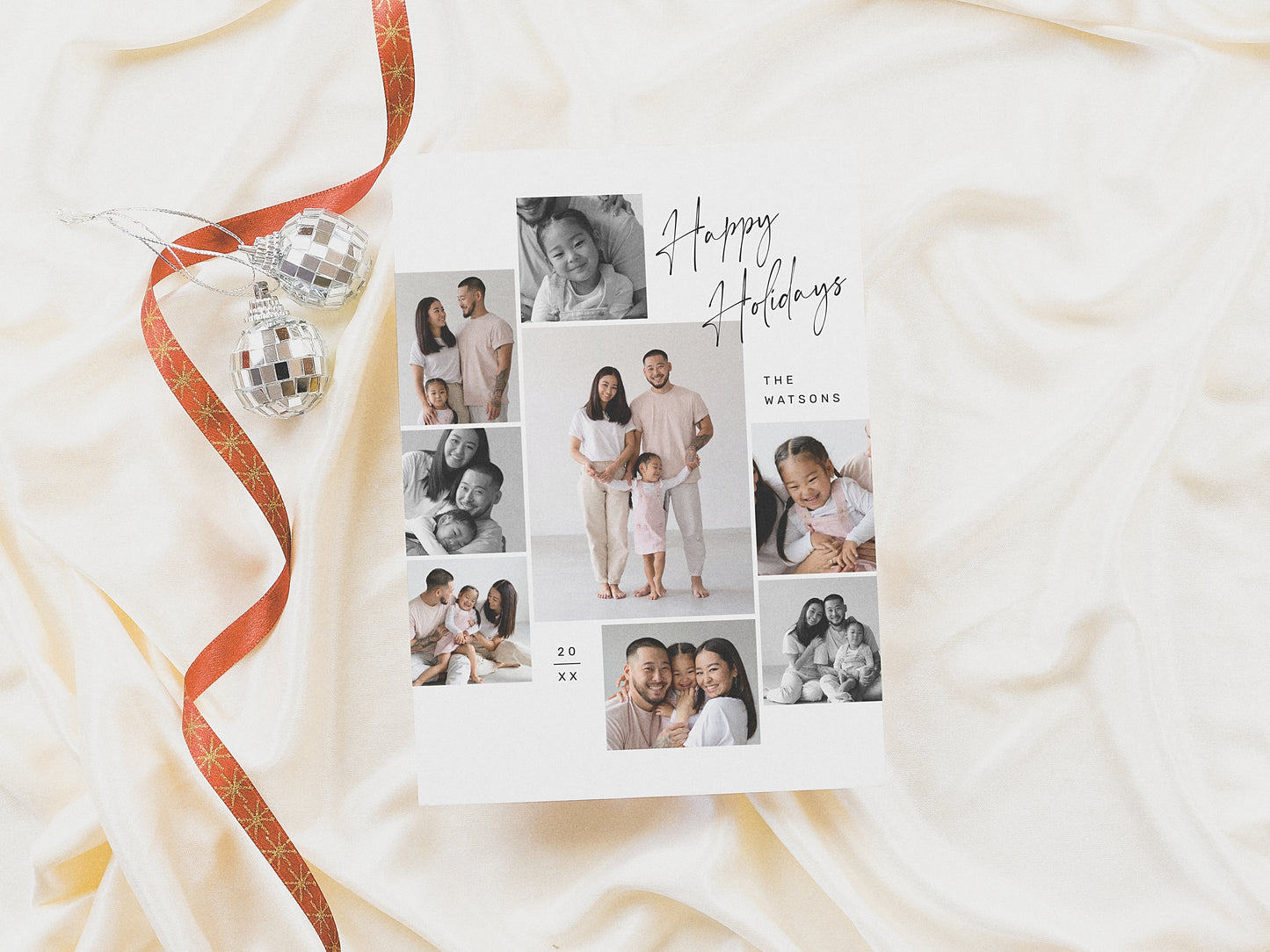 Modern Minimalist 9 Photo Collage Christmas Holiday Card