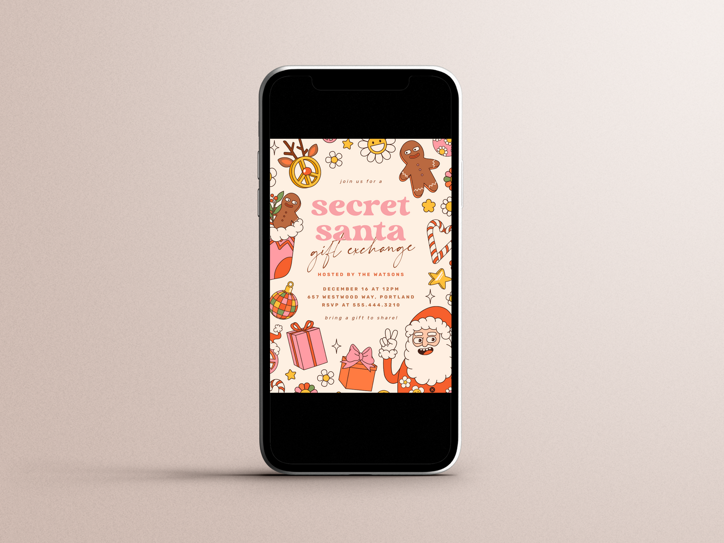 Groovy Secret Santa Exchange Retro Christmas Party Invitation