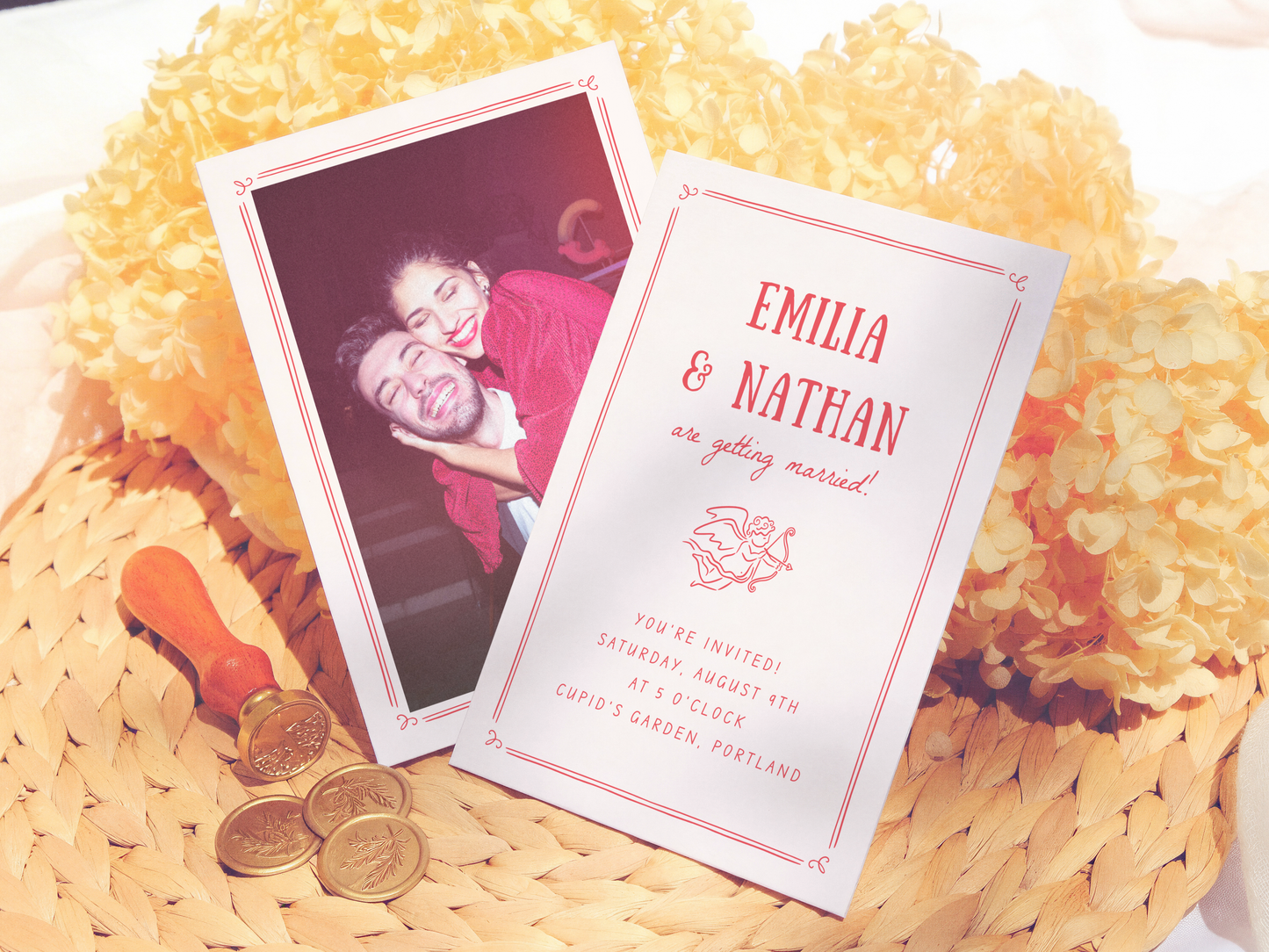 Love Struck Hand Drawn Cupid Photo Retro Wedding Invitation
