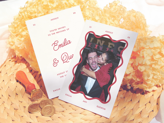 Wavy Frame Whimsical Photo 70s/80s Retro Wedding Invitation