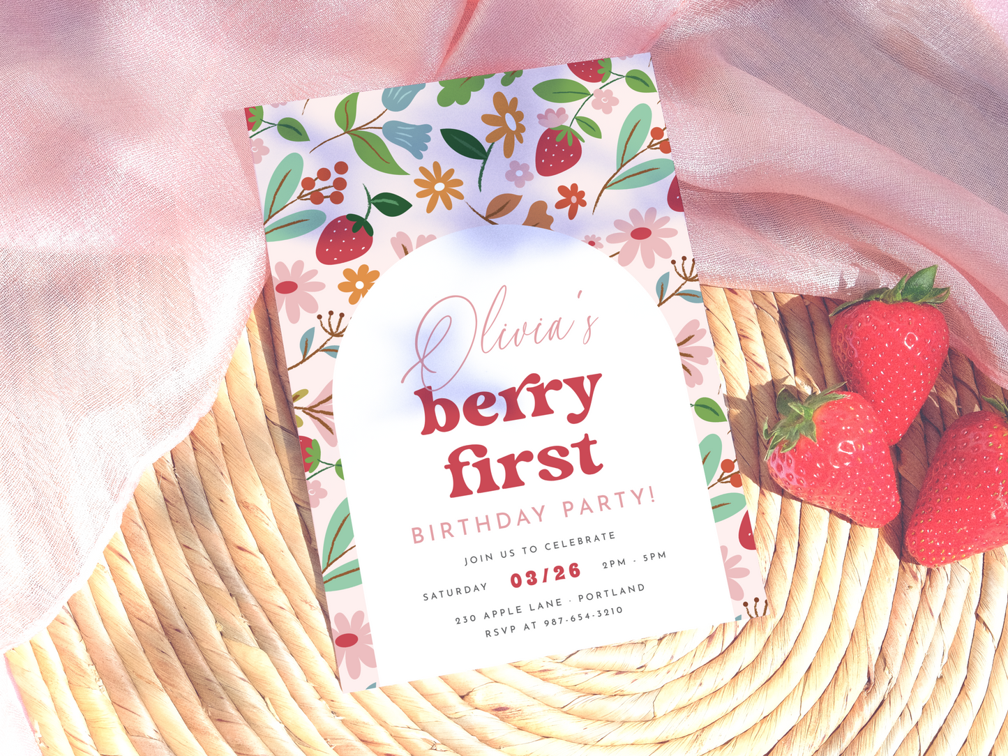 Retro Strawberry Berry First Birthday Party Invitation Bundle