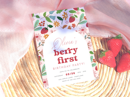 Retro Strawberry Berry First Birthday Party Invitation Bundle