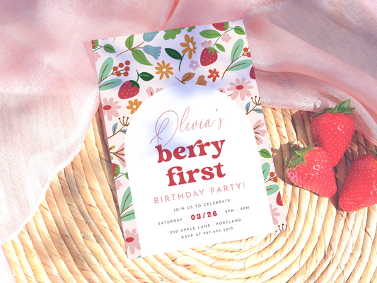 Retro Strawberry 1st Birthday Party Invitation