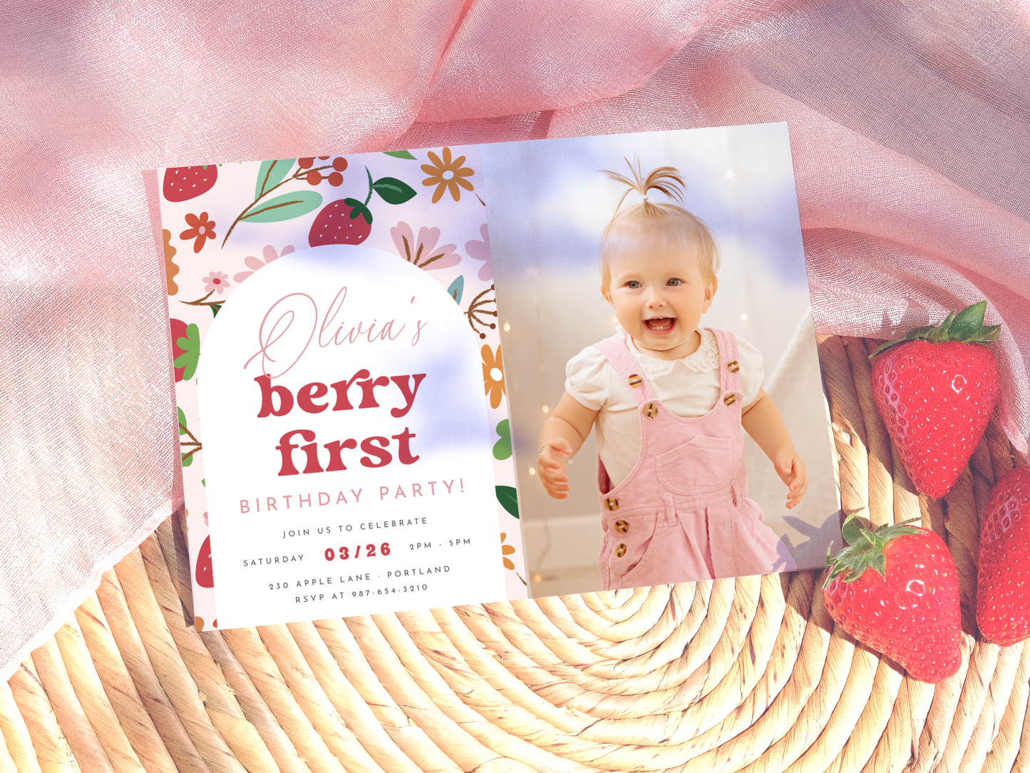 Retro Strawberry Berry First Birthday Party Invitation Bundle